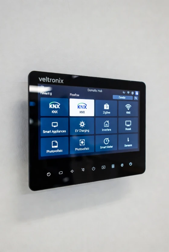 Pannello touch Veltronix Hub Domotico montato a parete con interfaccia per il controllo di KNX, ZigBee, elettrodomestici smart, ricarica EV, fotovoltaico, inverter e smart meter.