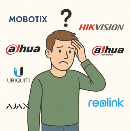 Cliente confuso nella scelta tra i marchi di videosorveglianza Illustrazione di un cliente indeciso tra Mobotix, Hikvision, Dahua, Ubiquiti, Ajax e Reolink.