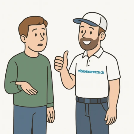 Consulenza professionale con tecnico videosicurezza.ch Tecnico videosicurezza.ch consiglia un cliente indeciso sulla scelta del sistema di videosorveglianza.